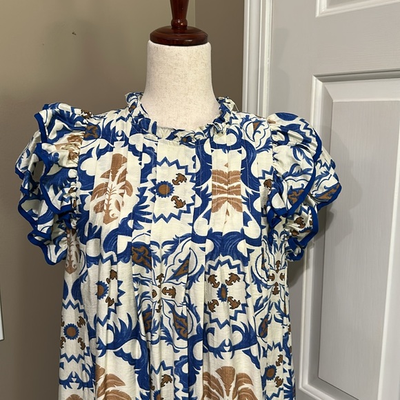 Umgee Boho Double Ruffle Sleeve Mini Dress in Blue Multi - Picture 2 of 9